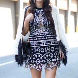 Black and White Lace Backless Halter Mini Dress